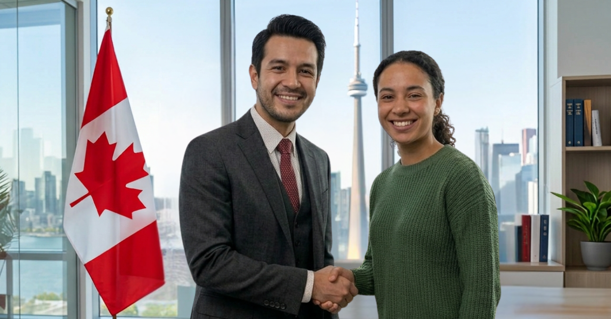 Consultor de inmigración reunido con un cliente frente al horizonte canadiense